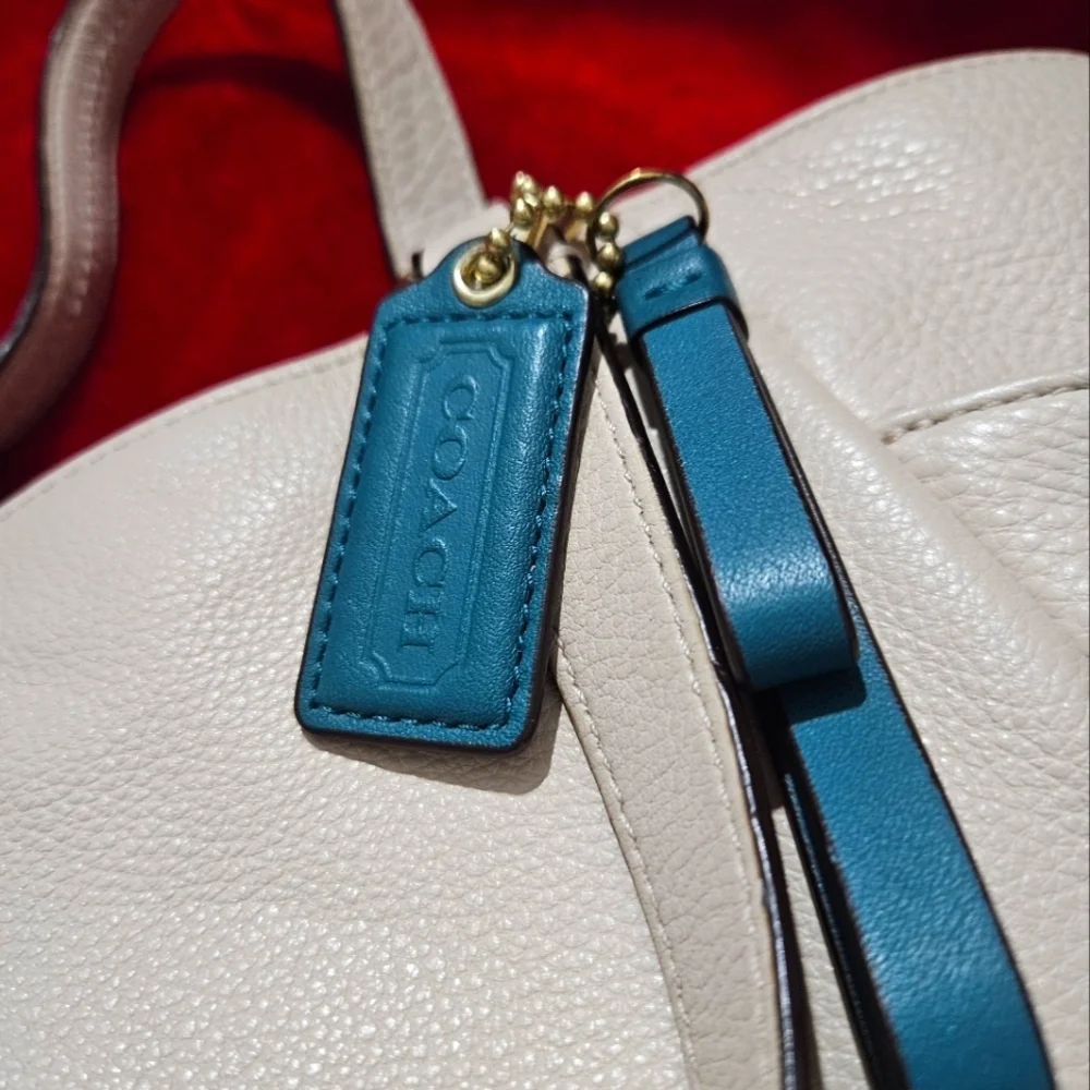 Coach Park Leather Carrie Tote-Cream with Torquoise Hang Tag and Tassel